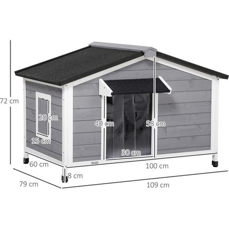 Cabane chien bois sapin imperméable, toit bitume ouvrant, plancher démontable, grise, 109x79x72 cm, grand chien extérieur. (1/5)