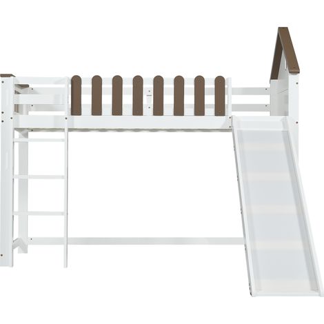 Lit mezzanine avec toit et fenêtre, échelle droite 3 marches, lit ado enfant avec toboggan, pin MDF, blanc noyer, 90x200, matelas non inclus, pour chambre enfant (1/5)