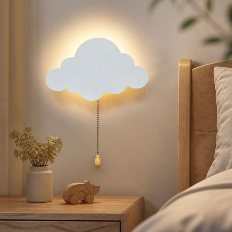 Applique murale nuage en bois, lampe de chevet USB ou piles, éclairage LED doux sans fil, design moderne blanc pour chambre (1/4)