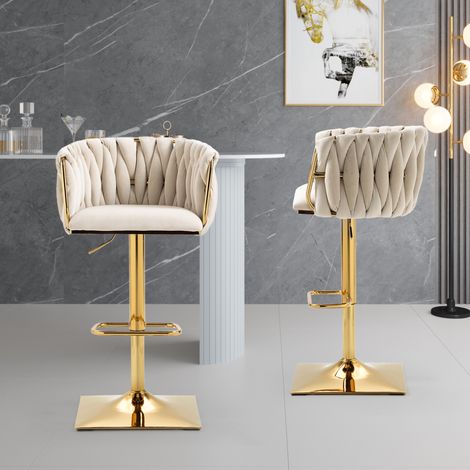 Set di 2 sgabelli da bar con schienale e poggiapiedi, altezza regolabile, Rotazione di 360°, velluto, beige (1/5)