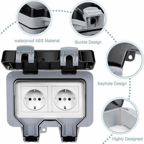 Enchufe exterior impermeable IP66 con interruptor, caja de conexiones impermeable, enchufe doble de pared exterior para cocina, baño, garaje, piscina y jardín. (1/5)