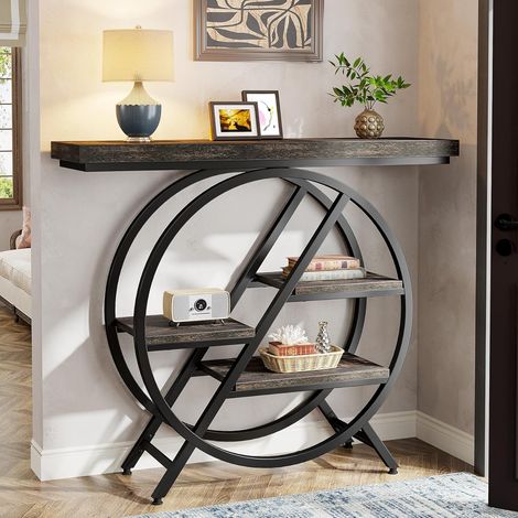 Tribesigns Table console de 100 cm avec plateau épais - Table basse industrielle à 4 étages avec cadre en métal géométrique pour salon, entrée, foyer (gris) (1/5)