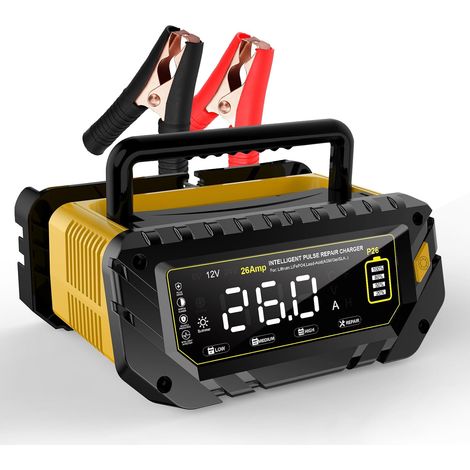 Chargeur de voiture 26 A, 6 V/12 V/24 V, écran LCD, chargeur intelligent pour voiture, moto, camping-car, véhicules agricoles, AGM, lithium, LiFePO4, plomb-acide, etc. (1/5)