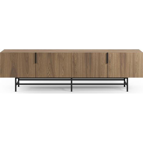 Meuble TV, meuble de salon rectangulaire avec 4 portes aspect bois coloris chêne, pieds en métal noir - Longueur 200 x Profondeur 35 x Hauteur 55 cm (1/5)