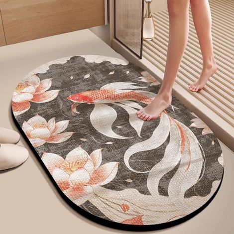 Luxuriöser Diatomeen-Badteppich – Unregelmäßige ovale Form 60 x 90 cm, schnelle Absorption, 3D-rutschfest, schmutz- und verschleißfest, „Glücksbringender Koi“-Muster-lsw