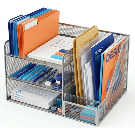 Relaxdays organizer scrivania, 5 scomparti, porta documenti verticale, ufficio, 23,5x37x30,5 cm, metallo, argento