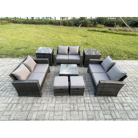 Fimous Mobilier de jardin extérieur ave Table basse carrée Canapé deux places 2 Petit Tabouret 2 Table d'appoint Gris foncé (1/5)