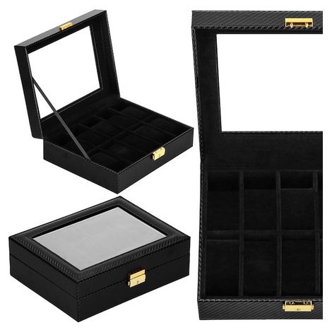Scatola per orologi 25x20x8 cm, valigetta nera con 10 scomparti in ecopelle