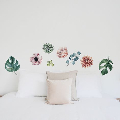 Sticker mural décoratif 68 cm X 48 cm, illustration aquarelle de fleurs pâles, décoration intérieure pour la maison. (1/2)