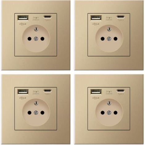 Lot de 4 prises murales avec USB et Type-C, 5 V 2,1 A, prise USB encastrée standard UE, multiprise France, 110-250 V (Doré) (1/4)