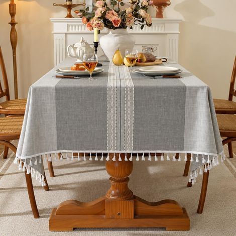 Nappe lavable lin-coton 140x140cm Gris rayé avec pompons