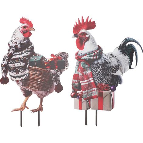 Piquet de Noël en métal en forme de poule - Décoration extérieure de Noël - Statue de coq pour jardin, cour, pelouse (1/5)