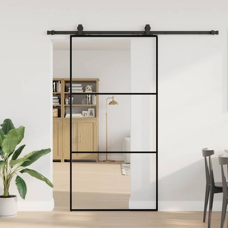 Schiebetür mit Beschlag Schwarz 102x205 cm ESG-Glas