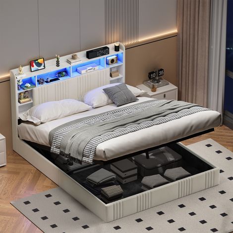 Lit Coffre Double 140x200cm, Lit Rembourré LED RGB avec Prises USB et Rangement Hydraulique en Lin pour Chambre Adulte - Beige