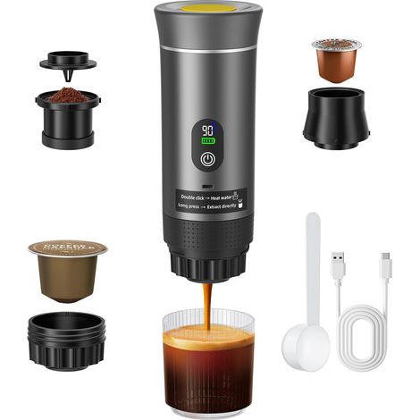 Machine à expresso portable, électrique 3 en 1, machine à café de camping, auto-chauffante, mini machine à café compatible avec les capsules de café moulues et de café (gris) (1/5)