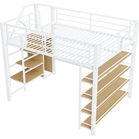 Cama alta 140 x 200 cm de metal blanco con escalera de almacenaje y estantes HOMVRA (1/5)
