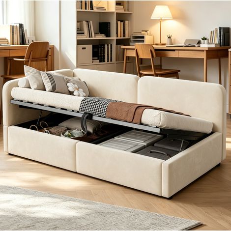 Cama diván tapizada 90x200 cm beige en tejido efecto terciopelo con almacenaje hidráulico y cabecero reversible (1/5)