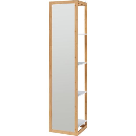 Estantería de diseño atemporal para salón/dormitorio mueble de almacenaje con espejo integrado bambú 170 x 40 x 35 cm blanco natural 030011167
