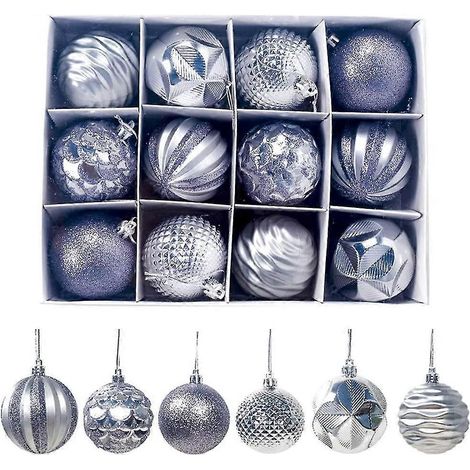 12 Stück 5,5 cm große, unzerbrechliche Kunststoff-Weihnachtskugeln als Dekoration für Weihnachtsbaum, Partydekoration und Anhänger (silber) (1/4)