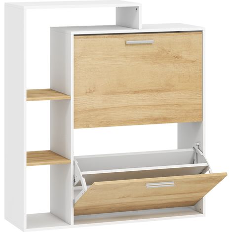 Mobile Portascarpe 80x26x 90 cm con 2 Cassetti a Ribalta e ripiani Bianco e Legno Naturale (1/5)