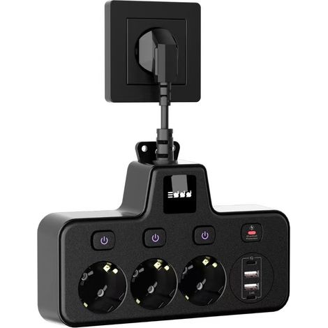 Multiprise EU murale à câble flexible, 3 prises + USB, interrupteurs indépendants, 2500W, protection surcharge,noir (1/5)
