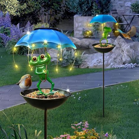 Mangeoire à oiseaux solaire pour jardin (motif grenouille) – Idée cadeau, mangeoire pour colibris, lampe décorative d'allée,, statue lumineuse d'extérieur avec ruban LED et parasol (1/4)
