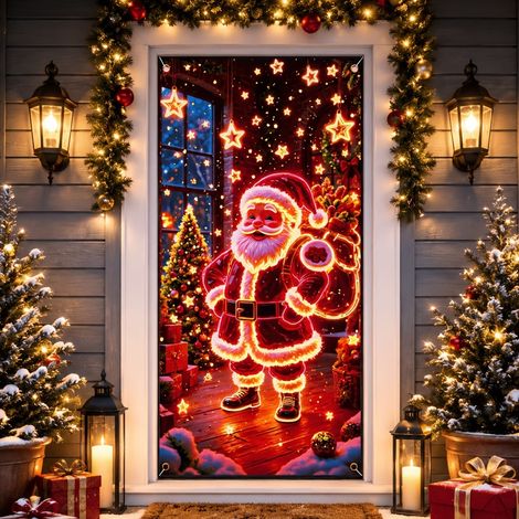 Décoration de porte de Noël en polyester 90x180cm motif festive avec bord élastique (1/2)