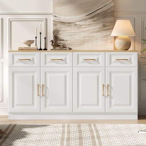 Commode 140 x 40 x 75 cm, avec 4 tiroirs et 4 portes, poignées en métal, buffet de rangement, design moderne, idéal pour la cuisine, la salle à manger et le salon, Blanc (1/5)