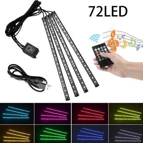 Iluminación interior para coche con 72 LED RGB, 8 modos de luz, tira de LED ambiental para interior de coche con puerto USB y mando a distancia inalámbrico. (1/5)