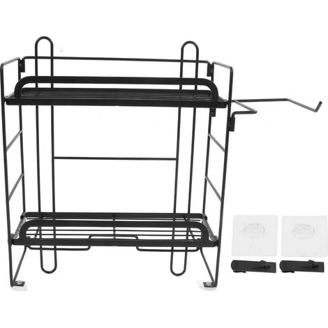 Étagère de rangement murale pour toilettes, grille en fer pliable à 2 niveaux avec crochets, noire, pour salle de bain (1/5)