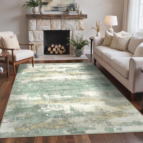 Tapis Moderne 200x290 cm à Motif Abstrait Vert Sauge et Beige Doux - Antidérapant et Lavable en Machine - Poils Courts - pour Grand Salon ou Salle à Manger - Épaisseur 0.6 cm (1/5)
