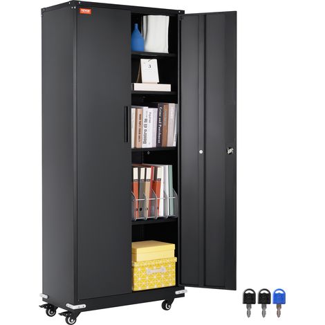 VEVOR Metal Storage Cabinet with Wheels, 75 in Locking Cabinet with 4 Adjustable Shelves & 2 Magnetic Doors, 200 lbs Capacity per Shelf, Metal Cabinet with 3 Keys for Office, Garage, Home, Black (1/5)