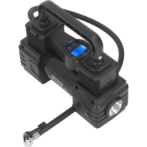 Gonfleur de pneus portable robuste à double cylindre avec 120 PSI et lampe de travail LED, adapté aux voitures, camions, SUV, camping-cars, ballons, etc. (1/5)