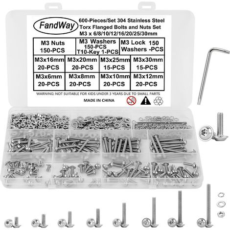 M3 Torx Vis à Tête Bombée avec Bride,600 Pièces Vis à Six Pans Creux en Inox 304,Vis à Métaux Boulon et écrous Rondelles Set,Filetage complet avec Clé T10.Pour Réparation Bricolage. (1/5)