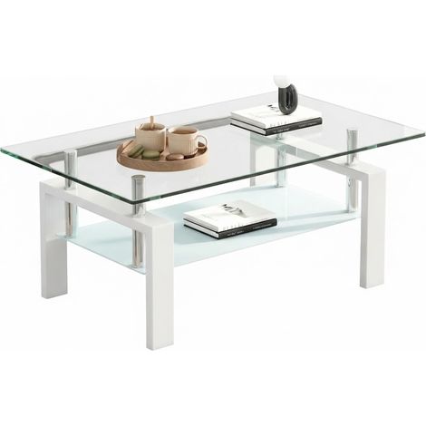 ELVMI Tavolino da Salotto a 2 Livelli in Vetro Temperato e Metallo, Bianco per Soggiorno o Ufficio, 100 x 60 x 44 cm (1/5)