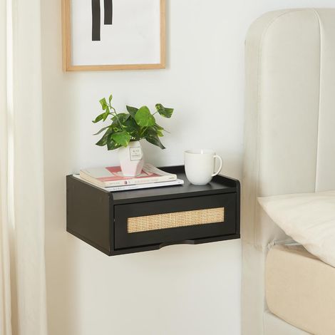 Étagère Murale Design Intemporel avec Tiroir Intégré Table de Chevet Suspendue Capacité de Charge 10 kg Panneau de Particules Plastique 40 x 30 x 17 cm Noir Aspect Rotin (1/5)
