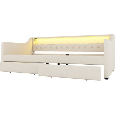 Letto divano 90 x 200 cm con rete, 2 cassetti, LED, USB, lino beige (1/5)