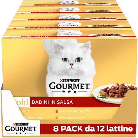 GOURMET Gold Cibo Umido per Gatti Adulti Dadini in Salsa con Manzo, Salmone, Pollo, Tacchino e Anatra e Fegato 96 Lattine da 85g (1/5)