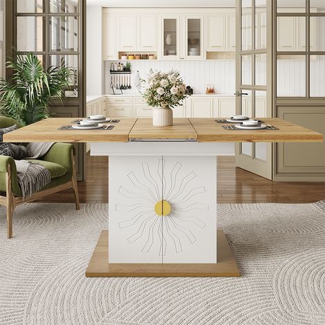 Table à Manger Extensible 110-140x70x76cm, Table Cuisine avec Rangement, Plateau MDF Effet Bois, Relief Soleil, Design Moderne Blanc (1/5)