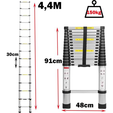 14.4FT Échelle télescopique légère 4,4m Echelle Pliante Aluminium avec Le mécanisme de rétraction, Charge Maximale 150kg, Sûre et Solide, Extensible Ladder