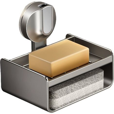 Lot de 2 porte-savons gris canon à ventouses avec égouttoir, sans perçage pour salle de bain (1/4)