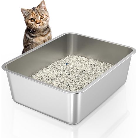 Bac à litière Chat Acier Inoxydable - 1 Unité - Métal Anti-odeurs - Surface Lisse - Pour Chats Adultes et Lapins - 45x35x15 cm (1/5)