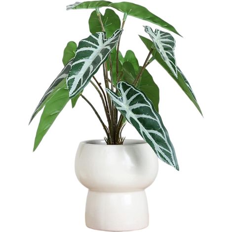 Bouquet de fleurs artificielles, fleurs en plastique longue durée, pot rond décoratif + feuilles d'alocasia (1/2)