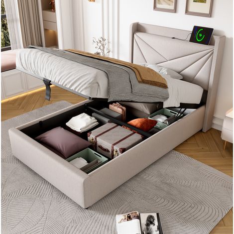 Bett mit Stauraum Baumwoll-Leinen Beige 90x200 cm, mit USB-/Typ-C-Anschluss und Lattenrost (1/5)