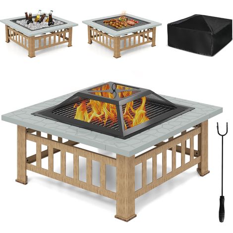 Brasero extérieur gris en acier avec grille de cuisson et pare-étincelles, tisonnier et couvercle pour jardin, terrasse et camping
