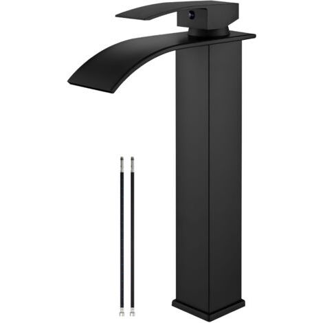 BUNTHAUS Robinet de lavabo noir mat, robinet de salle de bain à haute cascade, robinet de lavabo monotrou à poignée unique avec grand bec rectangulaire, robinet de lavabo de bar, meuble-lavabo (1/5)