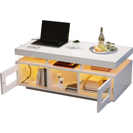 Mesa de Centro con 2 Puertas, 2 Huecos y LED RGB, con Enchufe UE y USB, Blanco Brillo, de Tablero de Partículas, 100×50×43 cm (1/5)