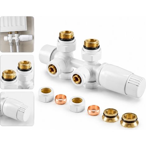 1 pc Robinet Thermostatique en H Double Alimentation en Laiton Blanc DN15 (1/2) Entraxe 50 mm pour Radiateur et Chauffage Central (1/5)