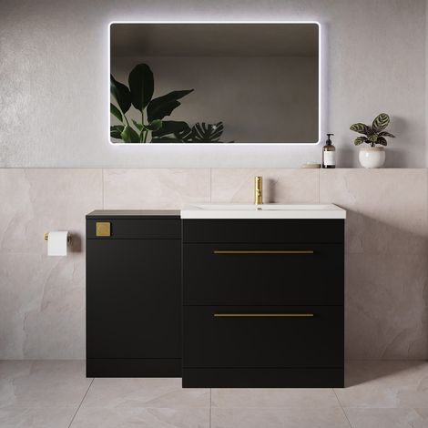 Napoli 390 Matt Black 1300mm 2 Drawer Vanity Unit Toilet Suite with Glide Basin - 1300mm - Brushed Brass 480mm HandleWithout Kingston Toilet Pan