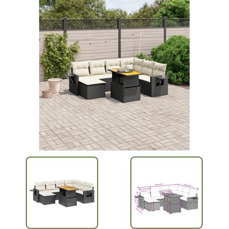 The Living Store Salon de jardin 8 pcs avec coussins noir résine tressée - Ensemble Salon Jardin - Meuble Extérieur - Résine Tressée - Rotin Synthétique - Table Extensible (1/3)